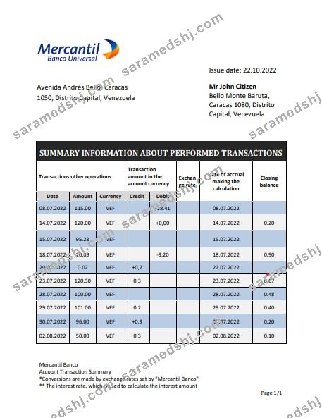 Venezuela Mercantil bank statement template in Word and PDF format